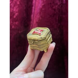 Vintage Trinket Jewelry Box Footed Ring Box Red Leaf Lid Brass Curved Design
